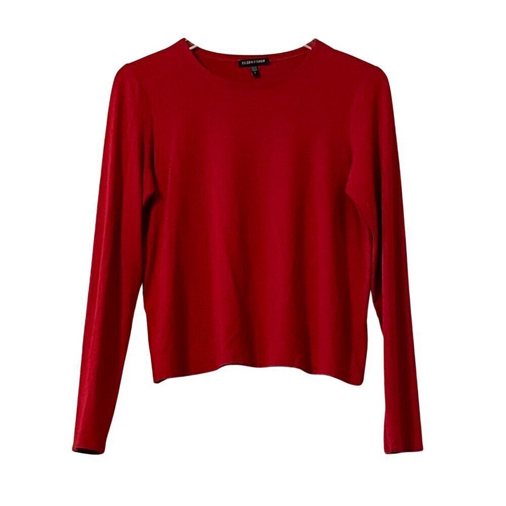 Eileen Fisher Rayon Long Sleeve Crew Neck Top in Red Sz. S